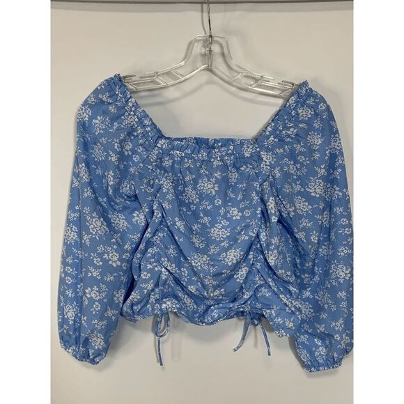 Speed Limit Womens Blouse Cropped Square Neck Drawstring Floral Blue Medium - Picture 5 of 9